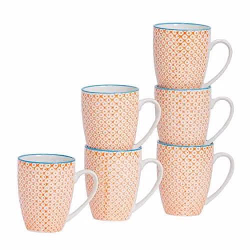 Nicola Spring Floral Hand-Printed Porcelain Mugs, Orange, Pack of 6, 360ml – 1