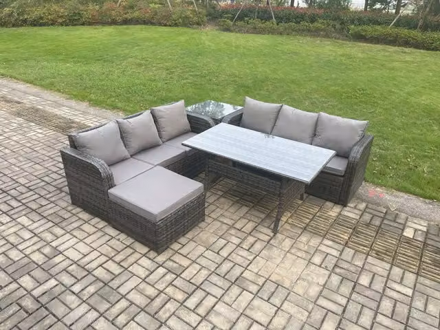 Fimous 5 Piece Rattan Garden Furniture Set with Oblong Rectangular Dining Table, Big Footstool and Side Table in Dark Grey