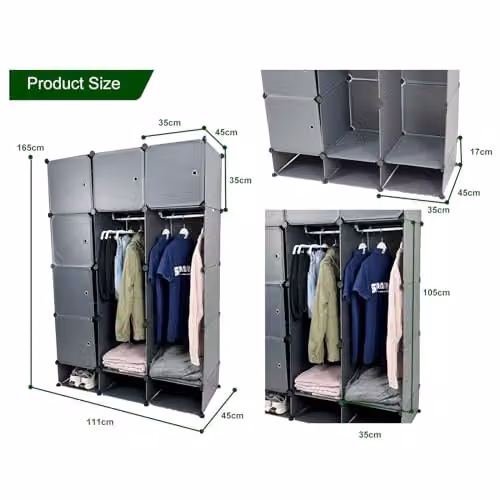 Gr8 Home 15 Cube Grey Modular Wardrobe with Hinged Doors and Hanging Rod, W/D/H: 165 x 45 x 45 cm – 3