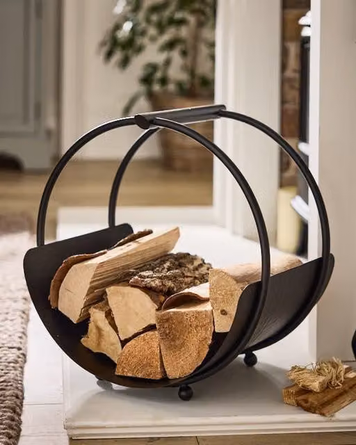 Dibor Traditional Style Black Round Metal and Wood Fireside Log Storage Holder – 1