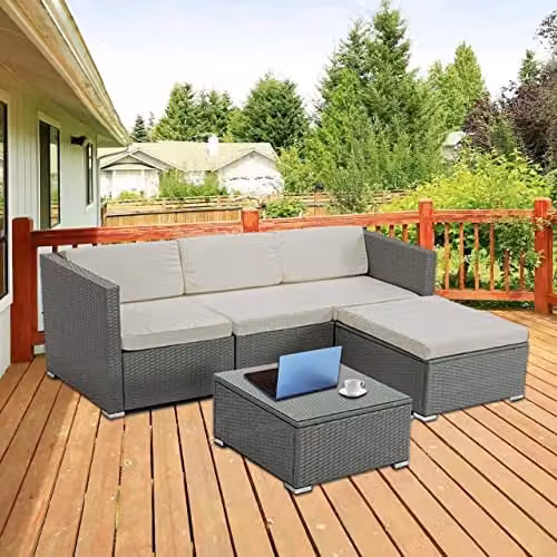 MCC Direct Rupert 5-Piece L-Shape Rattan Garden Furniture Set in Grey with Glass Coffee Table and Cushions – 5