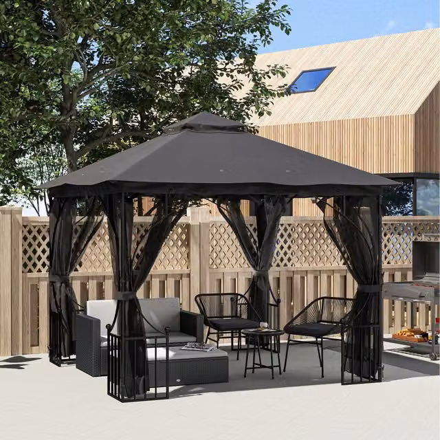 Outsunny Metal Garden Party Tent Gazebo Pavilion in Dark Grey, 3 x 3 m