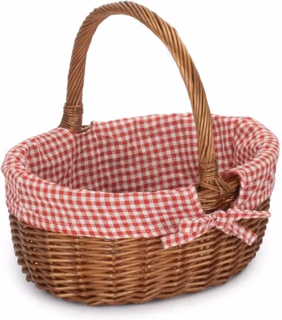 Red Hamper Double Steamed Oval Wicker Shopping Basket with Cotton Lining and Handles, Red