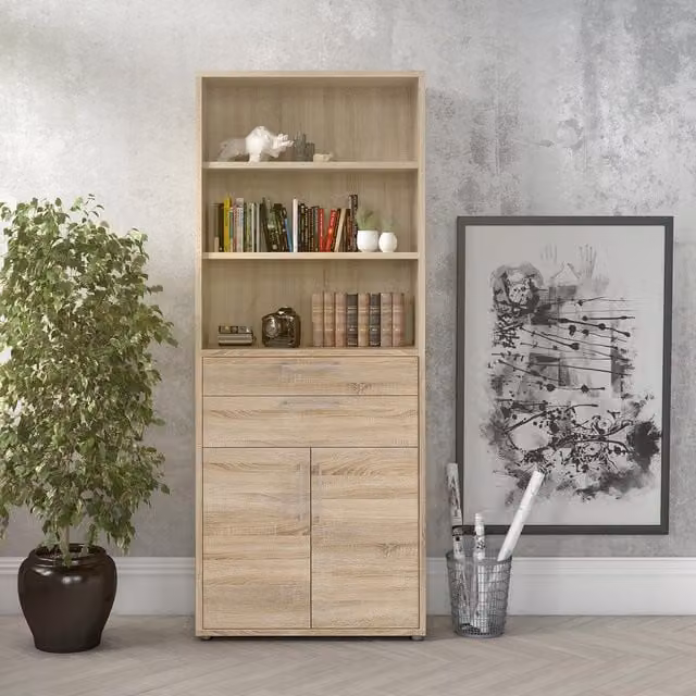 Furniture To Go Prima Oak Effect Bookcase with 3 Shelves, 2 Drawers and 2 Doors – 1