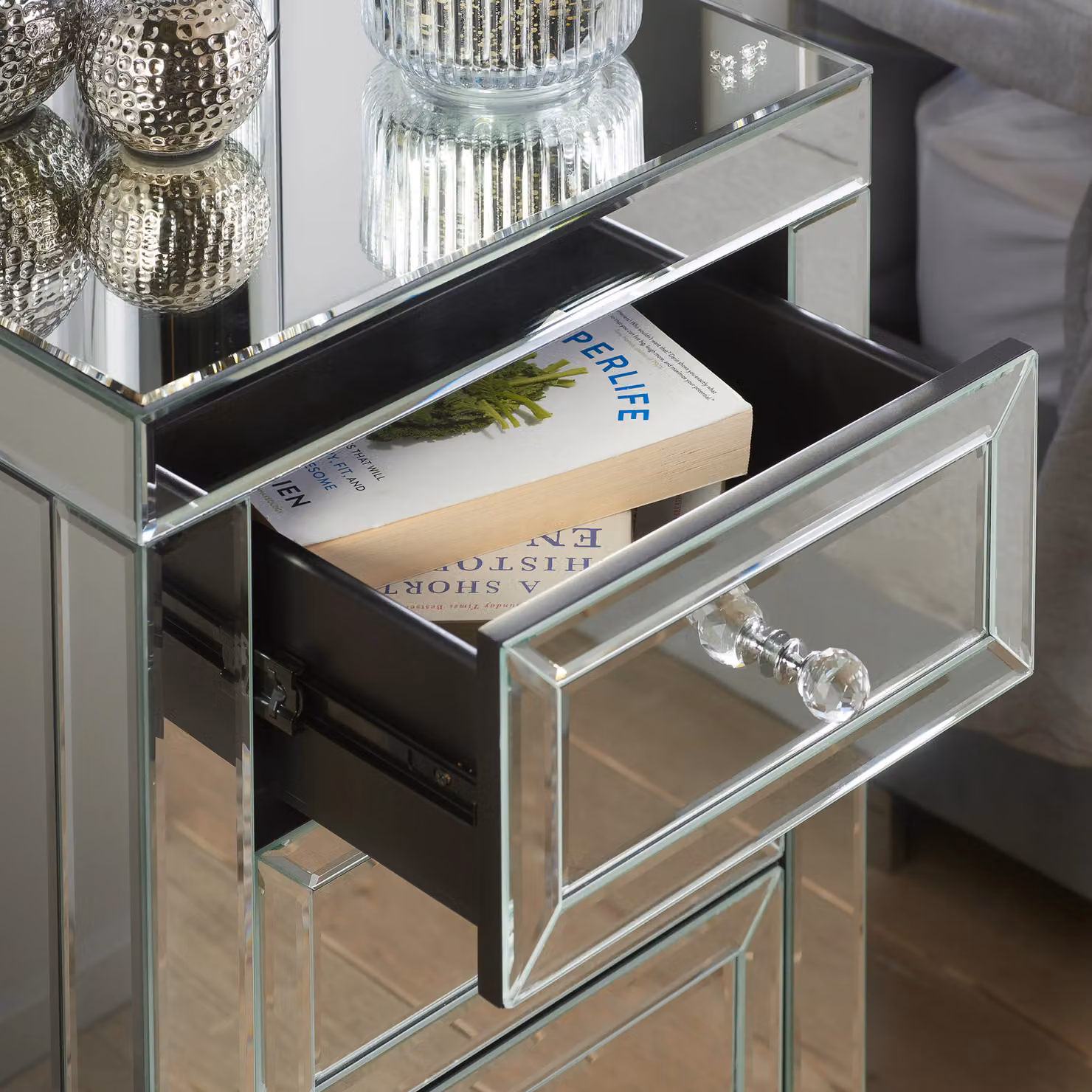 Birlea Valencia 3 Drawer Mirrored Bedside Table in Silver – 6