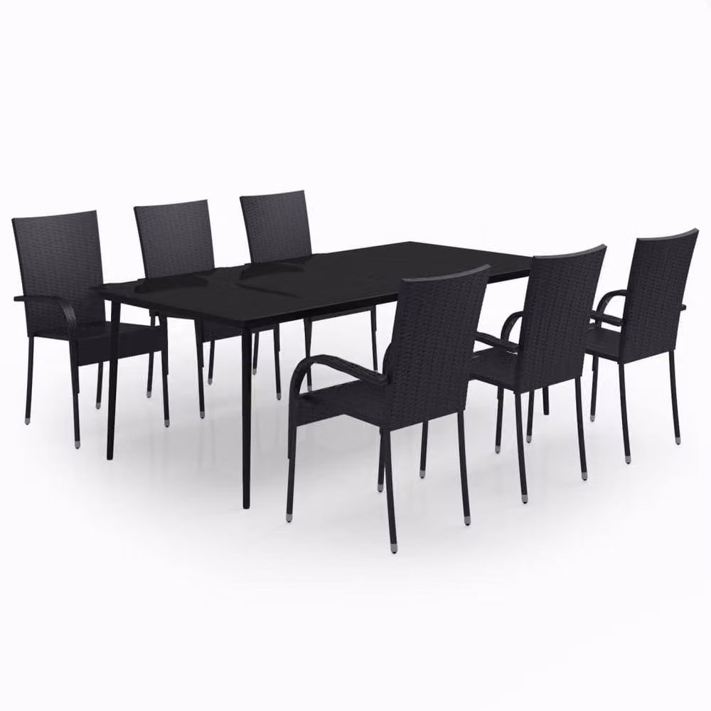 Berkfield Home 7 Piece Modern Garden Dining Set in Black Rattan and Metal with Glass Top – 2