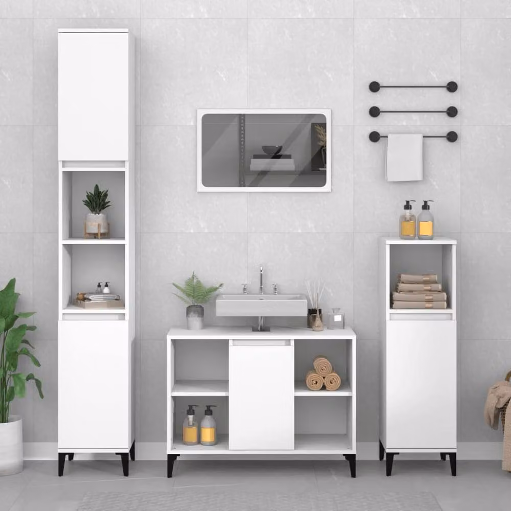 Berkfield Home Modern 3 Piece White Freestanding Bathroom Furniture Set including Vanity Unit, Tall Cabinet and Side Cabinet – 2