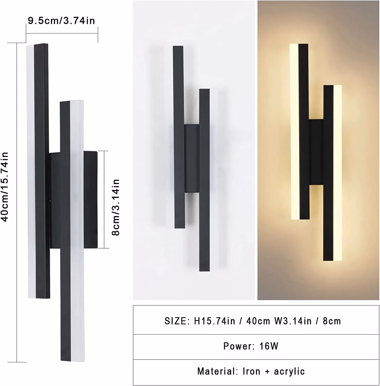 Pheashine Modern LED Acrylic Wall Lamp, Warm White 3000K, Black, Length: 40 cm – 3