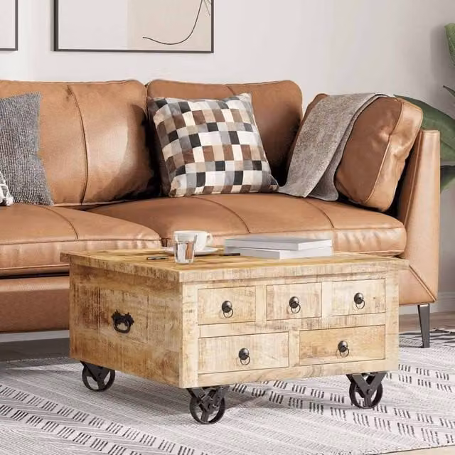 Berkfield Home Beautiful Rustic Square Mango Wood Coffee Table in Brown, W/D/H: 70 x 70 x 40 cm – 1