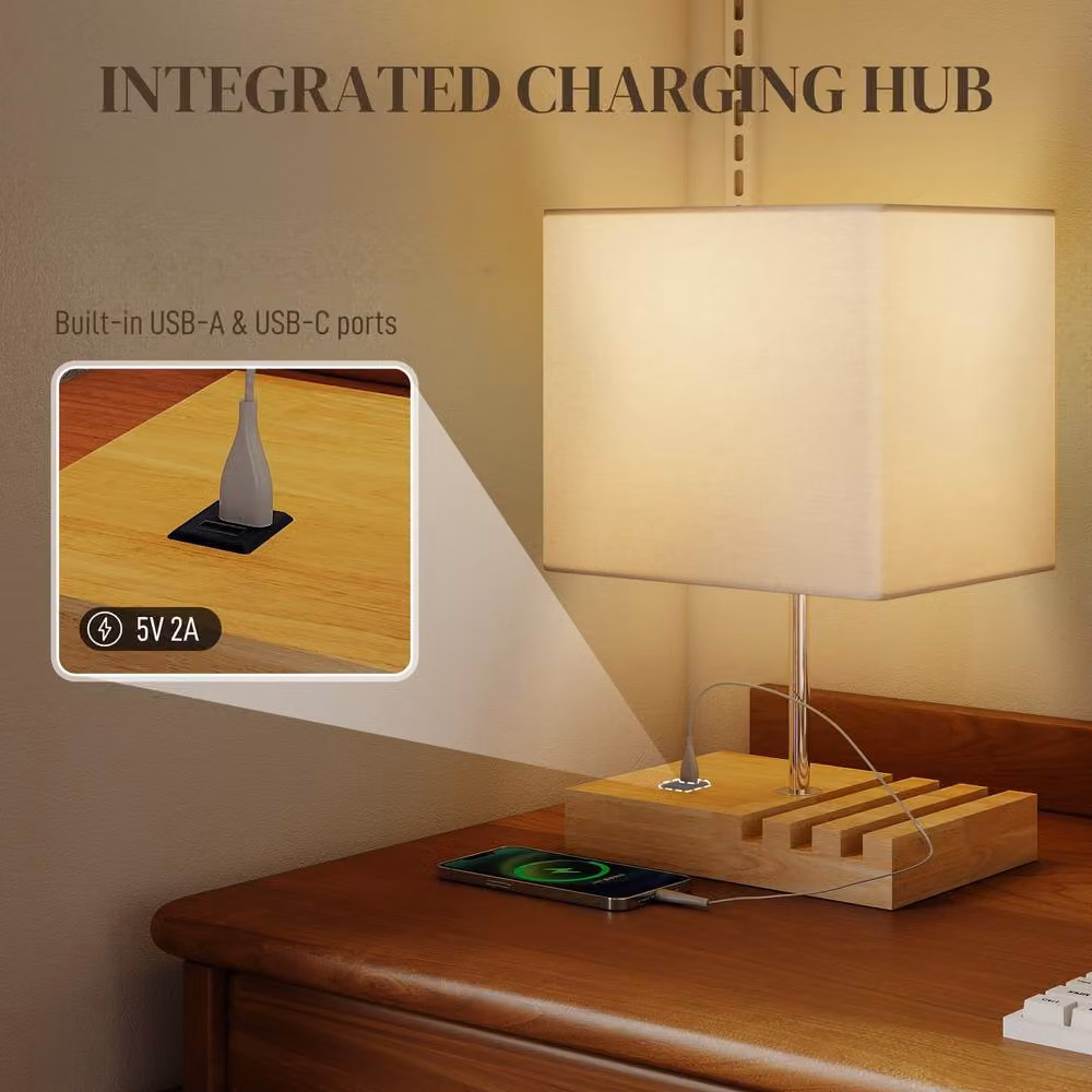 HOMCOM Modern White Table Lamp with Solid Wood Base and USB Port – 3