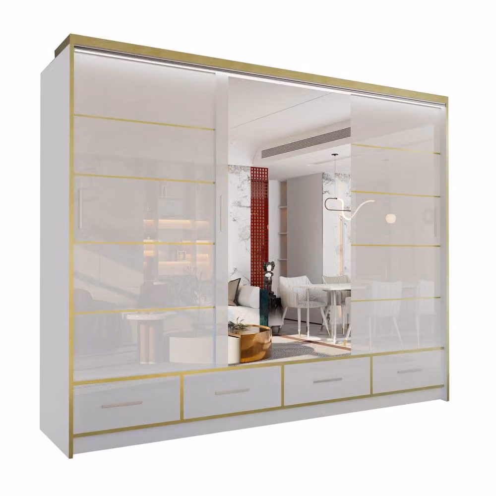 Sliding Wardrobes 4U Modern High Gloss Wardrobe with LED Lighting and Mirror Doors, White, W: 253 cm, H: 220 cm – 2