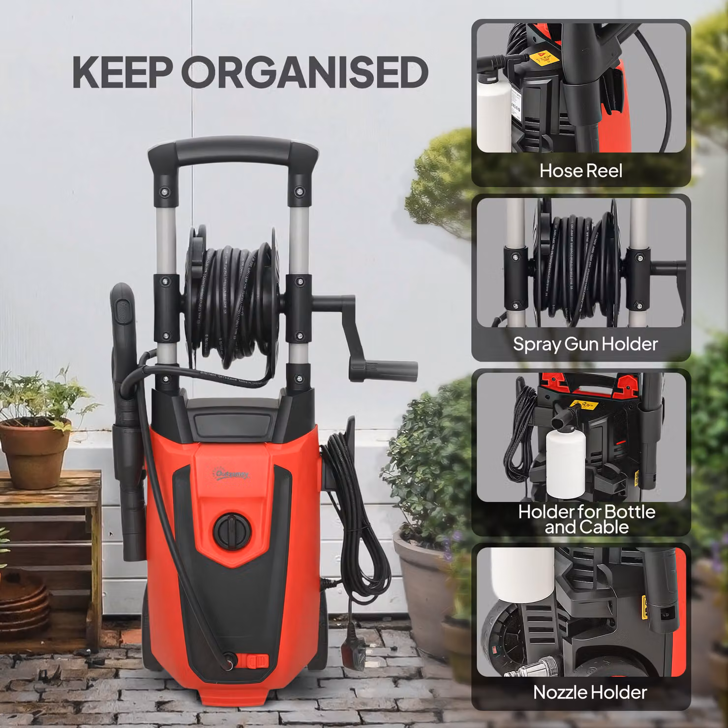 Outsunny 150-Bar Mains Pressure Washer with Accessories, Red/Black – 7