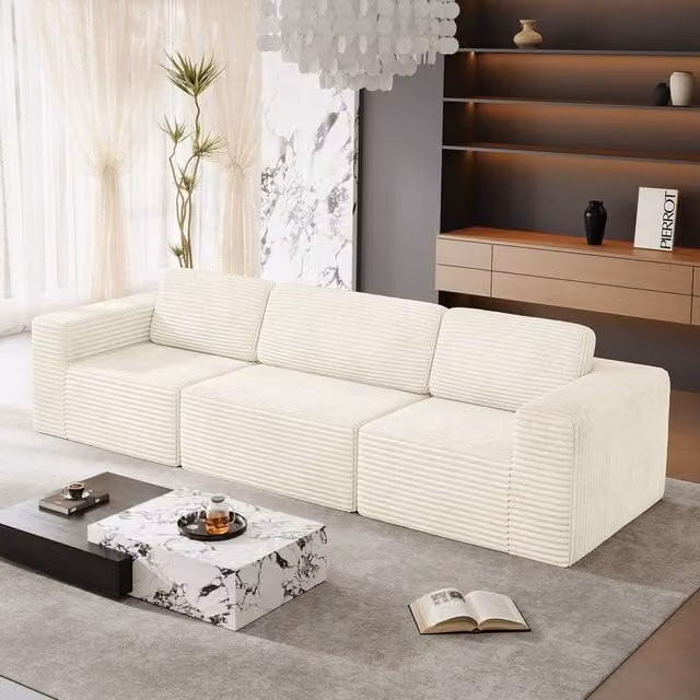 Dprodo Corduroy Modular L-Shape Sofa in Beige with Matching Ottoman and Removable Covers
