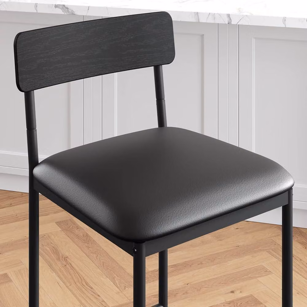 London Boutique Set of 2 Upholstered Counter Height Bar Stools in Black Synthetic Leather – 4