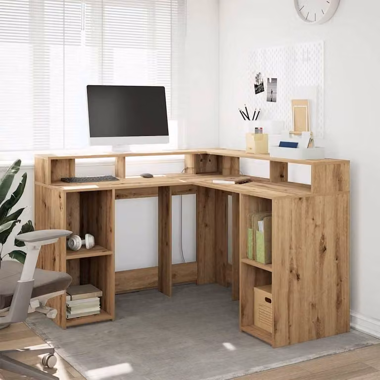 Berkfield Home Soft Desk with LED Lights in Artisan Oak and Brown, W/D/H: 130 x 130 x 91 cm