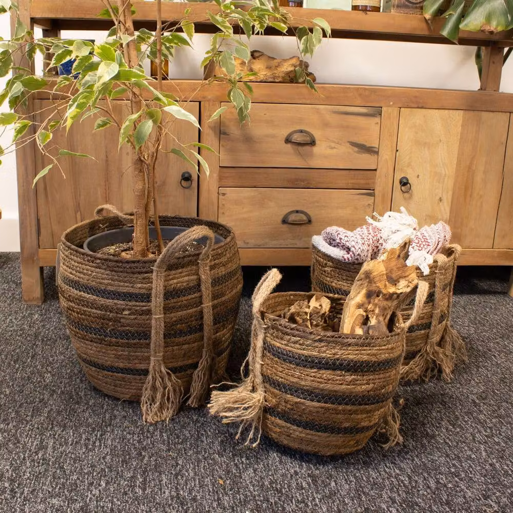 Serenityy Set of 3 Round Woven Seagrass and Rattan Baskets with Handles in Brown Striped Design – 5