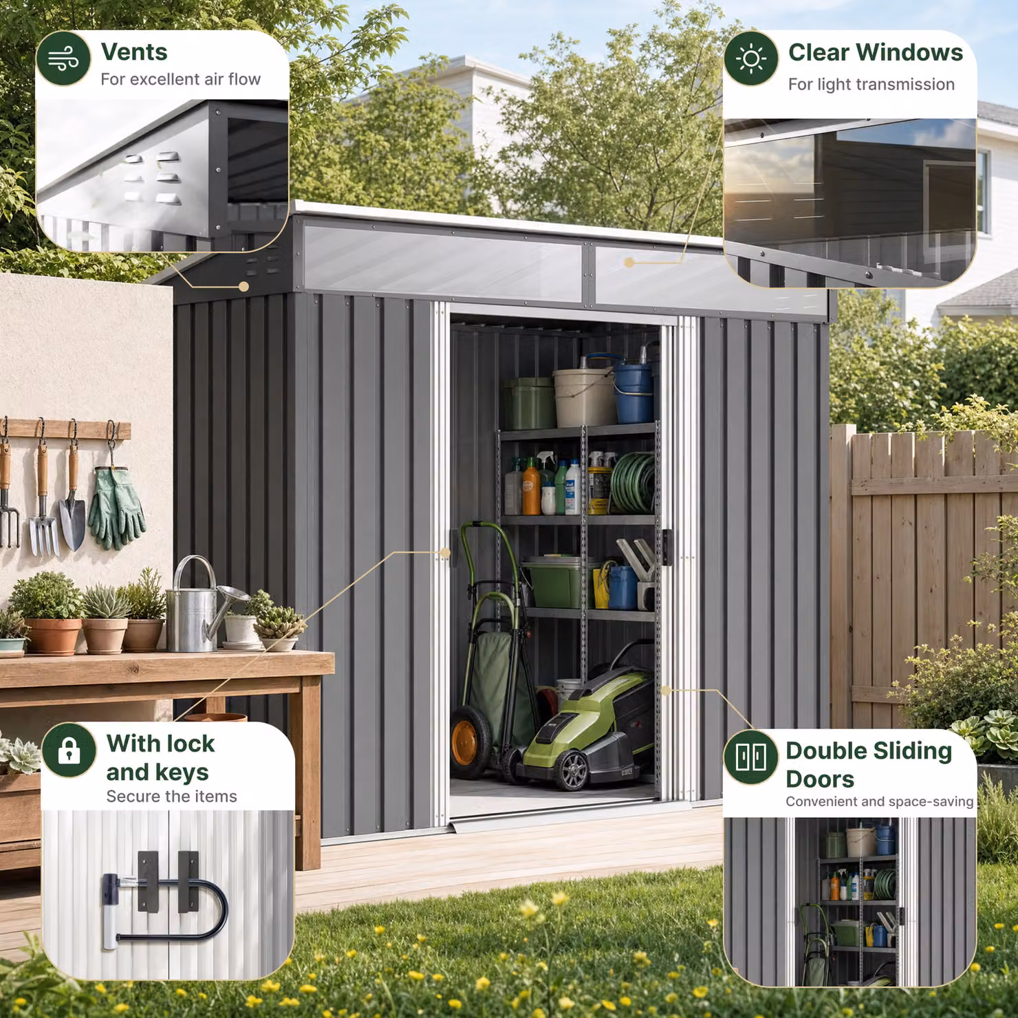 Outsunny Grey Metal Pent Garden Shed with Foundation and Lockable Sliding Doors, W/D/H: 184 x 122 x 181 cm – 6