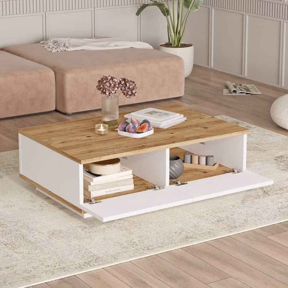 CALICOSY Rectangular Drop-Leaf Coffee Table in White and Brown – 2