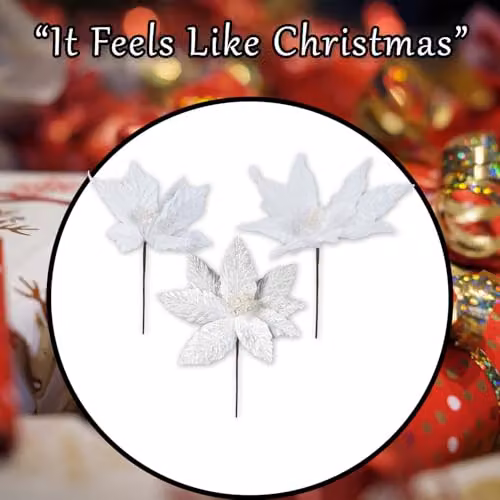 VFM e-Store Glitter Flower Picks Christmas Decoration Ornament, White, Height: 30 cm – 6