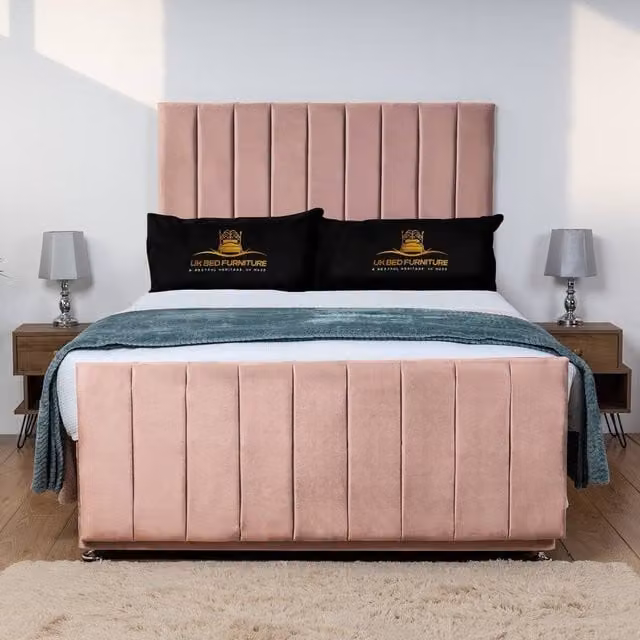 UK Bed Furniture Hampton Divan Bed Base with 26 Inch Headboard in Pink Velvet, Small Double, W/D/H: 120 x 200 cm
