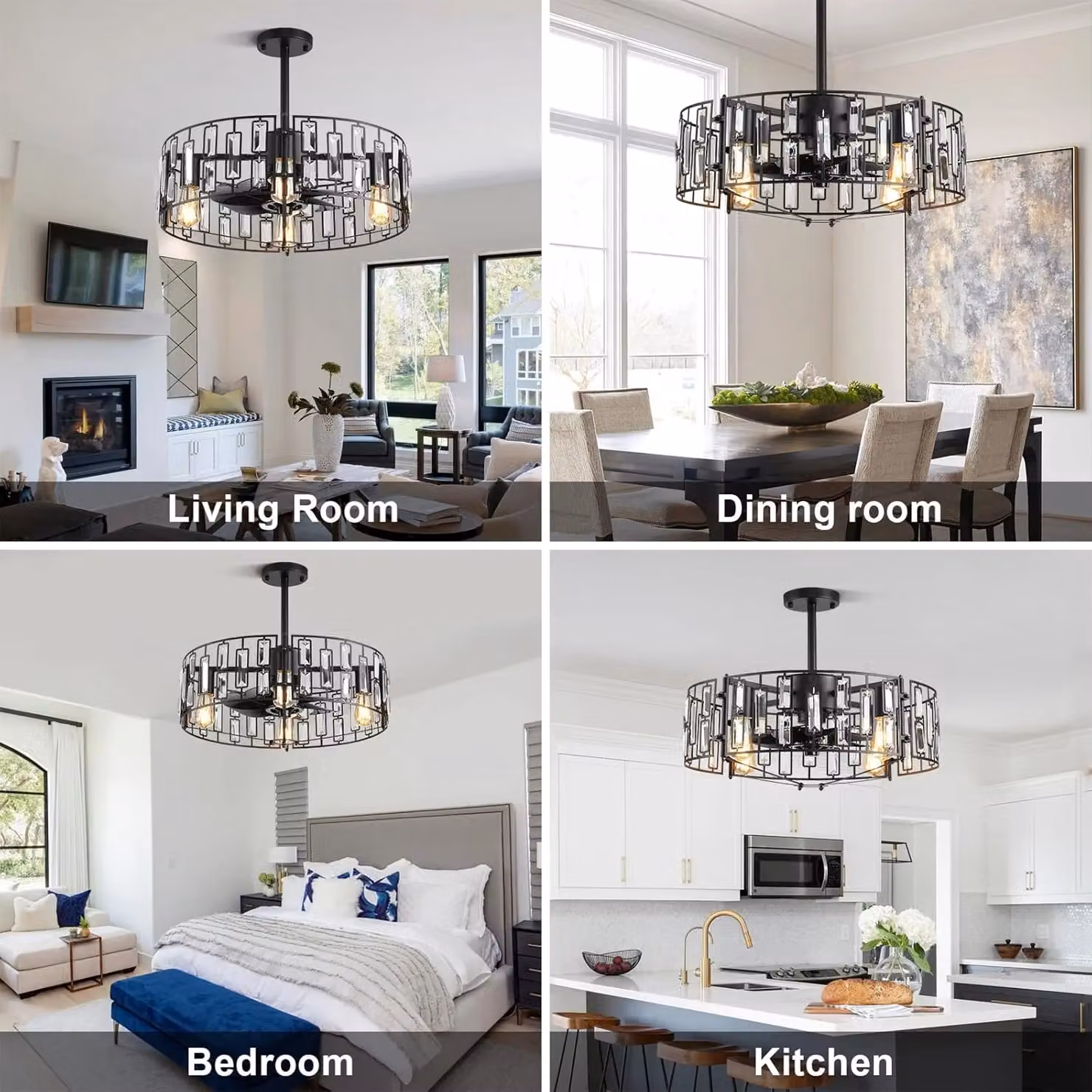 Garwarm Fandelier Ceiling Fan with Crystal Pendant Lamp, Black, Diameter: 50 cm – 5