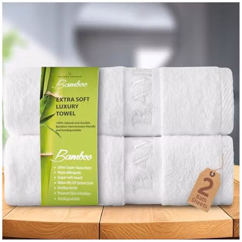 GC GAVENO CAVAILIA 2 Pack Extra Large Bamboo and Cotton Bath Sheets, White, W/D/H: 80 x 140 cm, 500 GSM