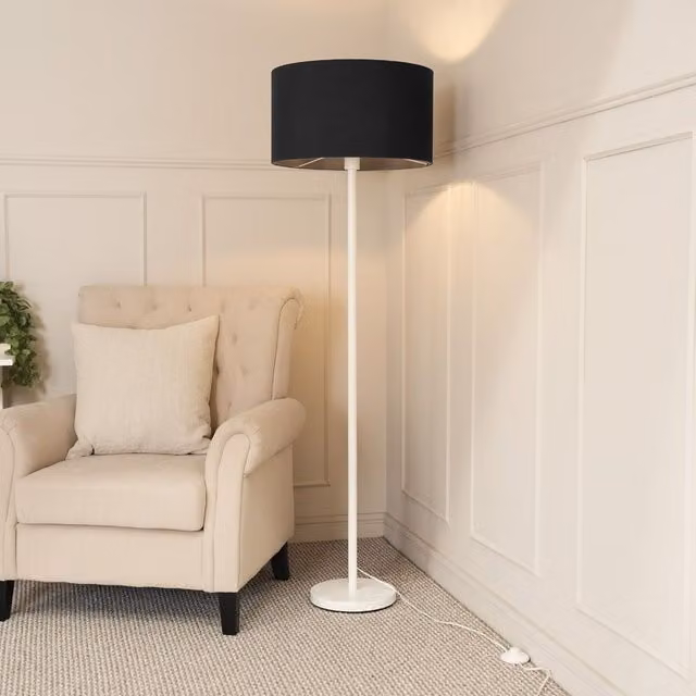 ValueLights Charlie White Metal Single Stem Floor Lamp with Black Fabric Drum Shade and LED Bulb – 1