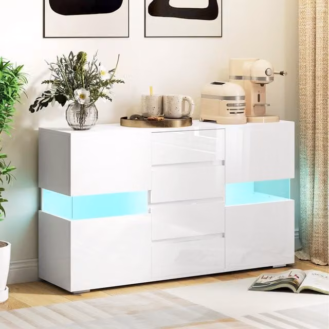 HOMCOM Modern High Gloss White Sideboard with Integrated LED Lights