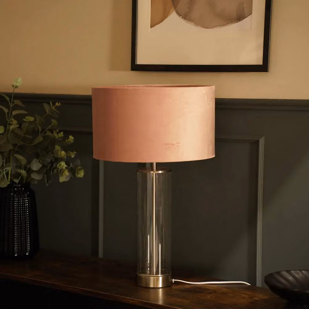 ValueLights Balan Glass and Brushed Chrome Table Lamp with Blush Pink Velvet Drum Shade and LED Bulb – 2