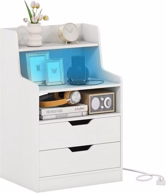 Gymax Modern White LED Nightstand with 2 Drawers, Charging Station and Open Shelf