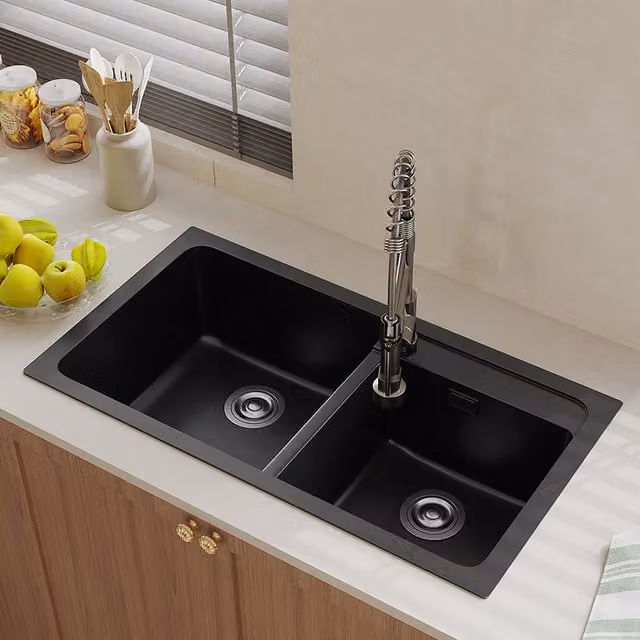 Livingandhome Black Granite Composite Kitchen Sink with Stainless Steel Strainer, Width: 86 cm