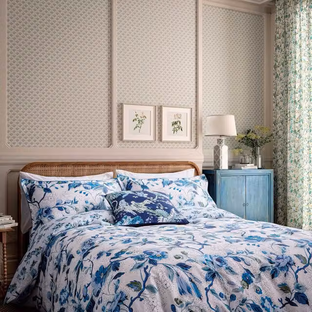 English Heritage Craven Street Floral Single Duvet Cover and Pillowcase Set in Woad Cotton Mako Satin