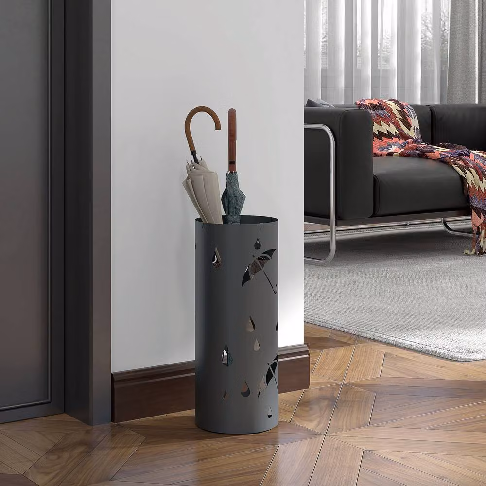 STILVORA Grey Metal Umbrella Stand for 6 Umbrellas with Removable Tray – 6
