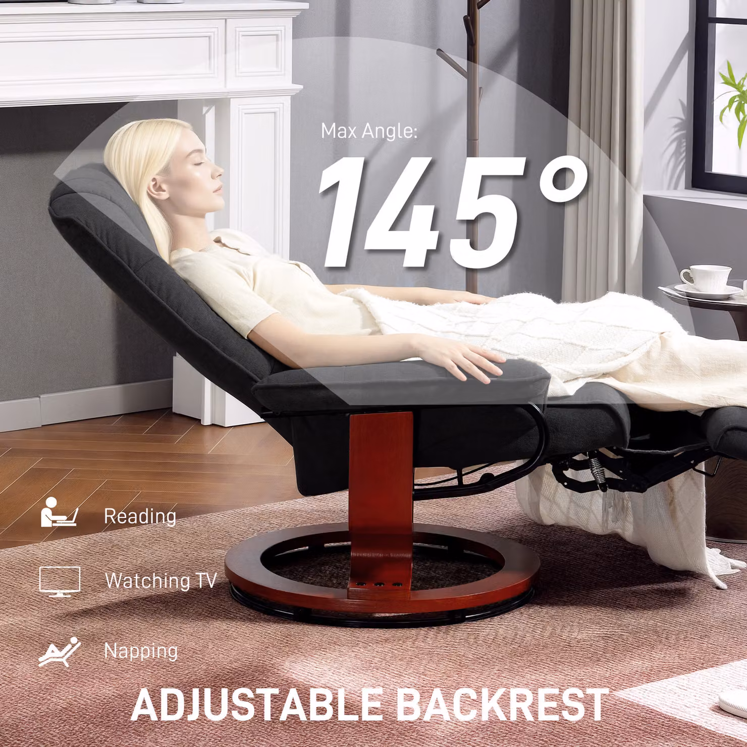 HOMCOM Black Fabric Reclining Swivel Chair with Footrest and Armrests – 4