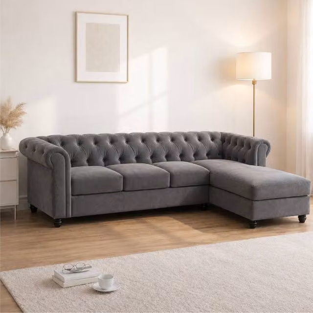 Sofaya Hampton 4 Seater L Shape Chesterfield Sofa in Grey Velvet with Right Hand Chaise – 1
