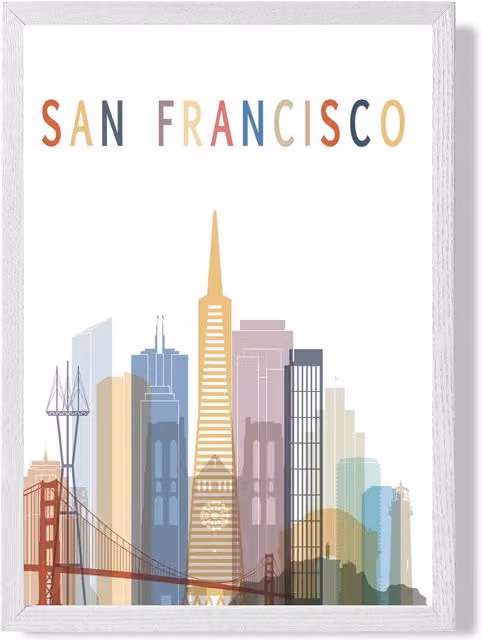 ARTZE San Francisco Colourful City Skyline Framed Paper Poster in White and Pale Blue, A4