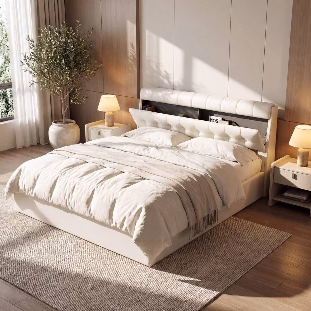 Rolipo Upholstered Double Bed with Lift Up Base in Beige and White, W/D/H: 150 x 200 cm – 2