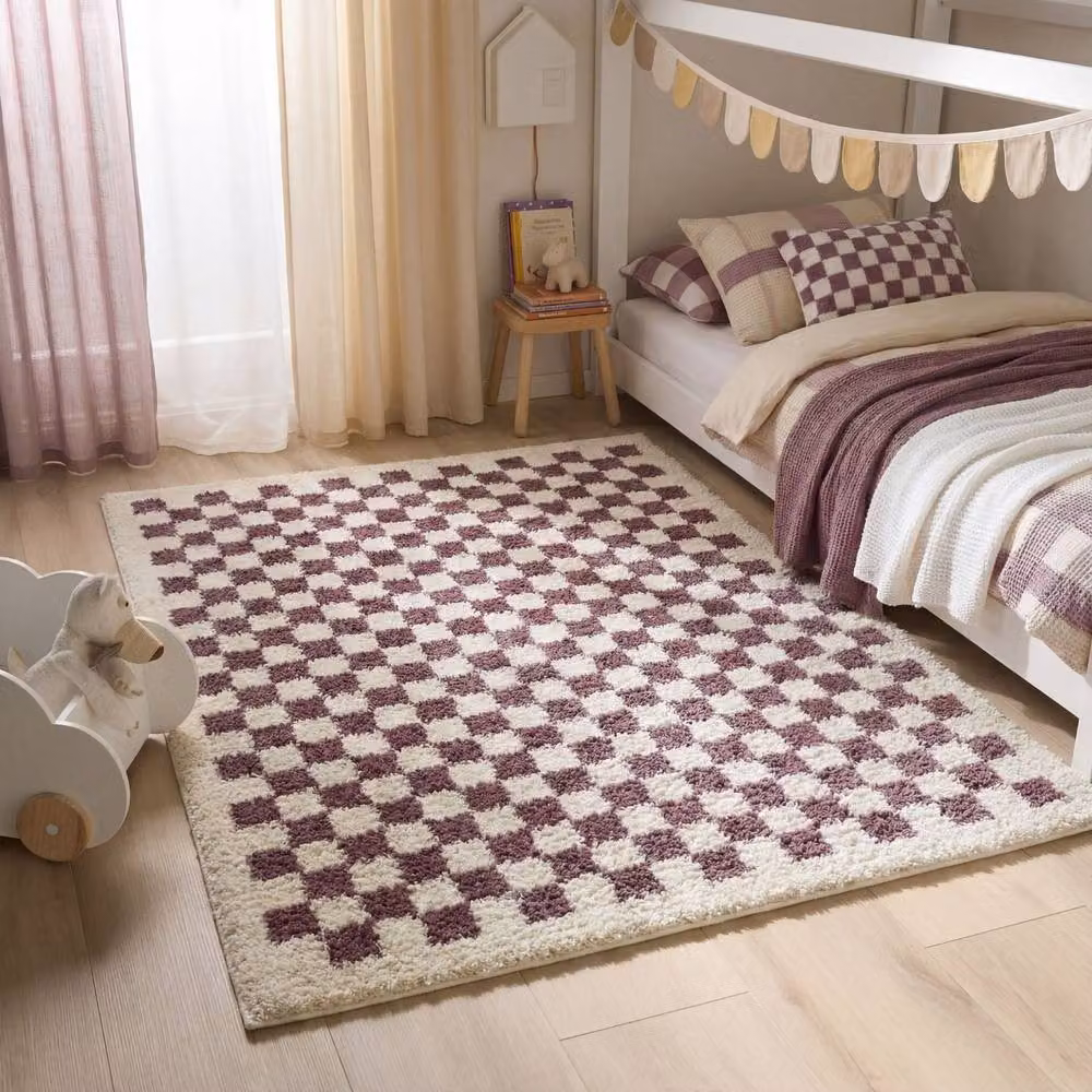 THE RUGS Moodi Purple Chequered Shaggy High Pile Living Room Rug, W: 120 cm, L: 170 cm – 3