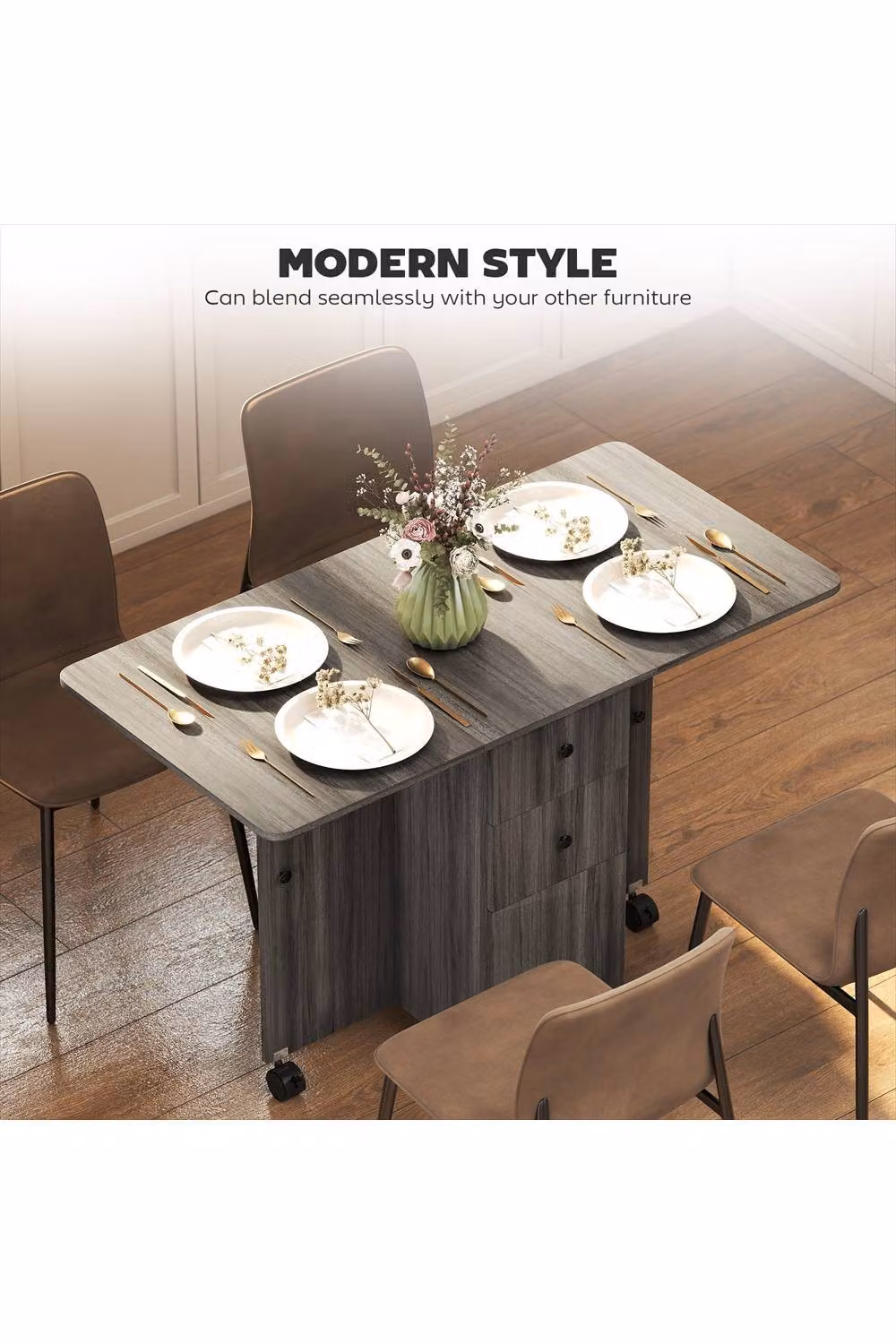 ERGOVEXA Grey Multi-Storage Six-Person Drop Leaf Dining Table with Butterfly Leaf and Castors, W/D/H: 120 x 76.5 x 75 cm – 3