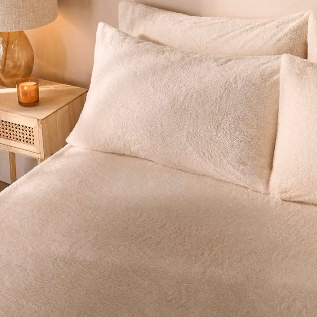 OHS Teddy Fleece Thermal Fitted Bed Sheet in Beige, W/D/H: 90 x 200 cm