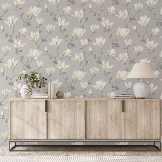Arthouse Lily Floral Botanical Wallpaper in White and Grey