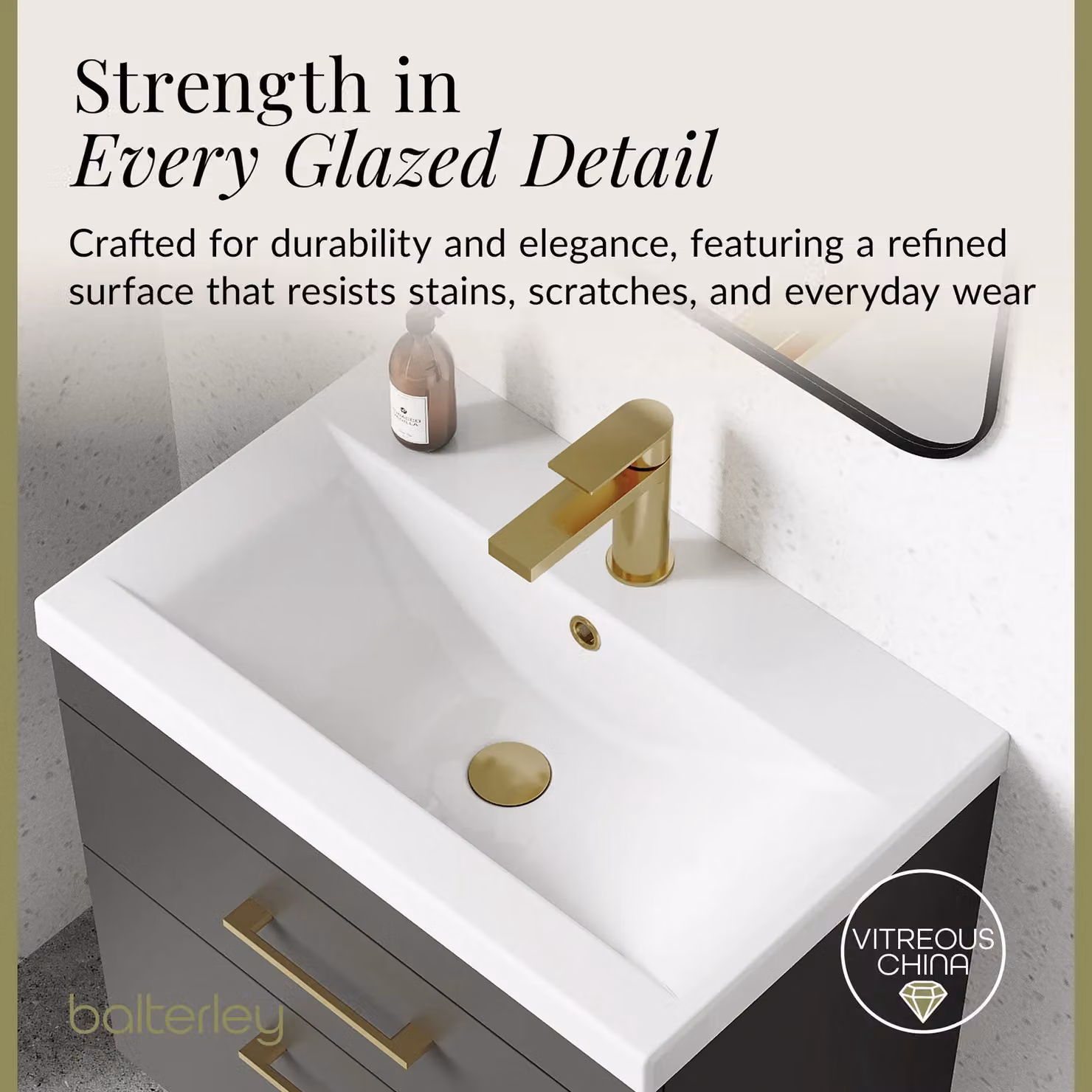 Balterley Modern Glossy Wall Hung Bathroom Vanity Basin Unit in Grey, Width: 60 cm – 5