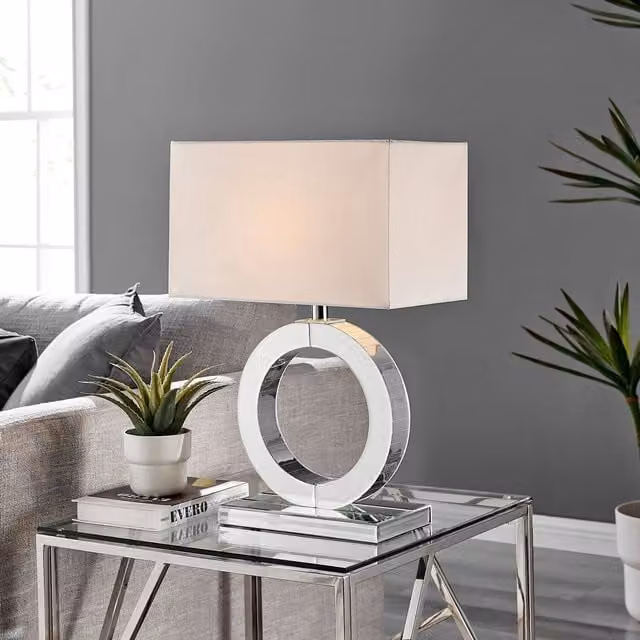 FurnitureboxUK Chloe Halo Elegant Table Lamp with White Fabric Shade and Silver Glass Base
