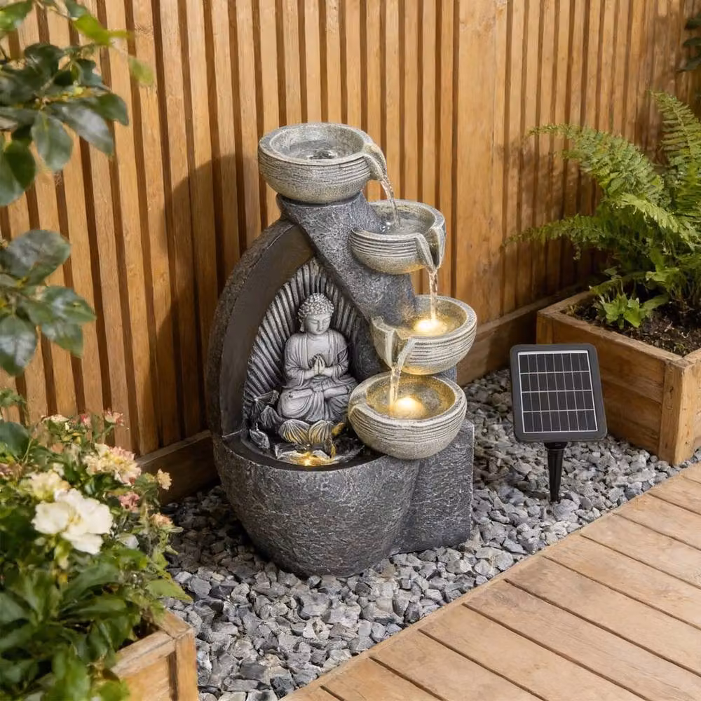 NESTLUNE Sitting Buddha Grey Stone Effect Zen Cascade Water Feature W/D/H: 100 x 15 x 15 cm – 3