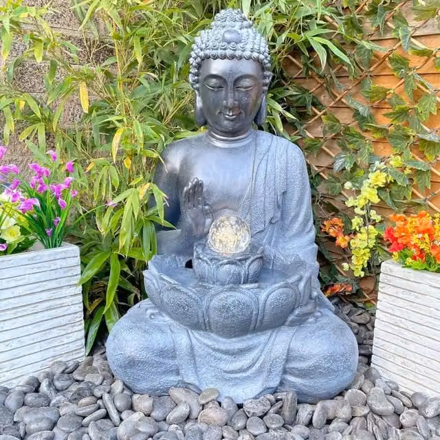 Tranquillity Water Features Gautama Oriental Buddha Fountain in Grey Resin