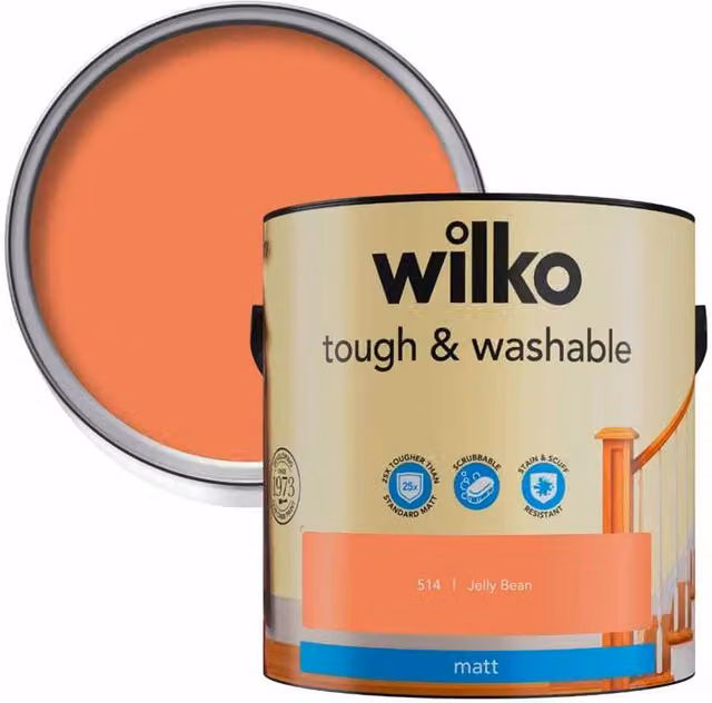 wilko Tough and Washable Matt Emulsion Paint, Orange, 2.5 l