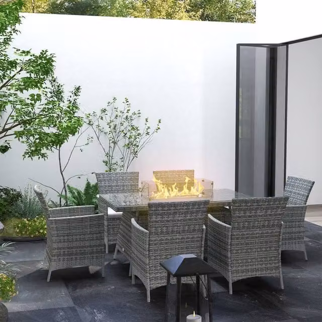 OUTSUNNY Grey Rattan Dining Set with Fire Pit Table and Armchairs – 1