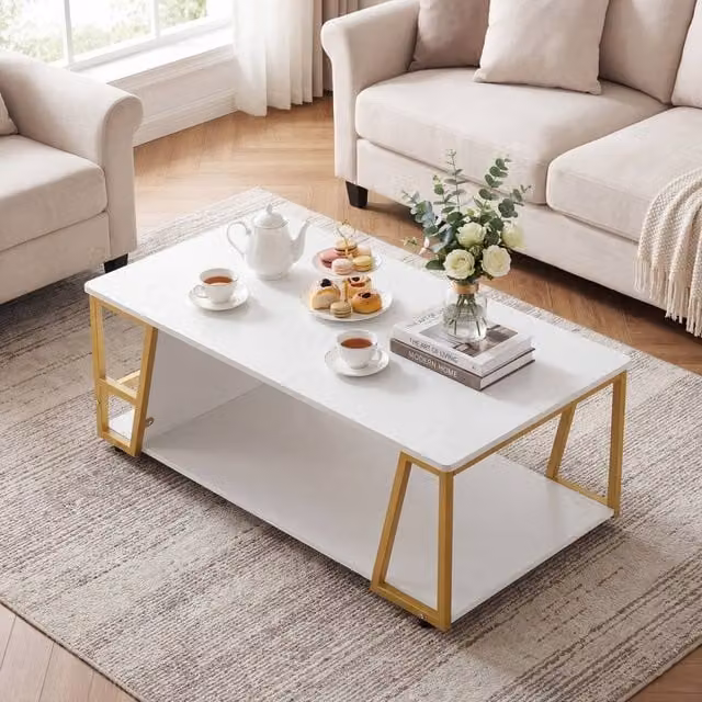 Costway 2-Tier Rectangular Industrial Coffee Table with Shelf in White and Wood Finish