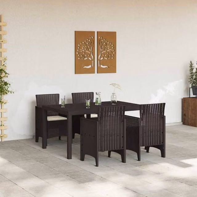 Berkfield Home 5 Piece Brown Poly Rattan Garden Dining Set with Cushions – 1