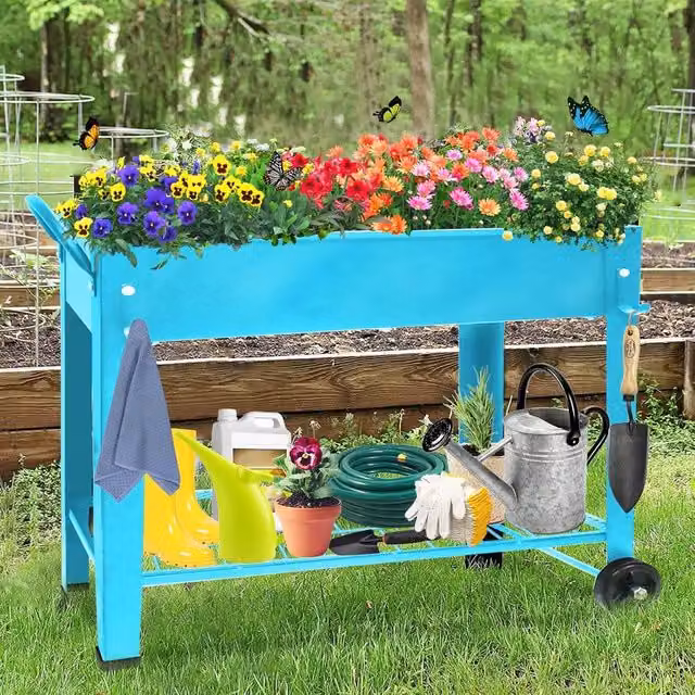Huhote Sturdy Raised Metal Garden Bed with Legs and Storage Shelf, Blue, W: 101 cm, D: 28 cm, H: 80 cm